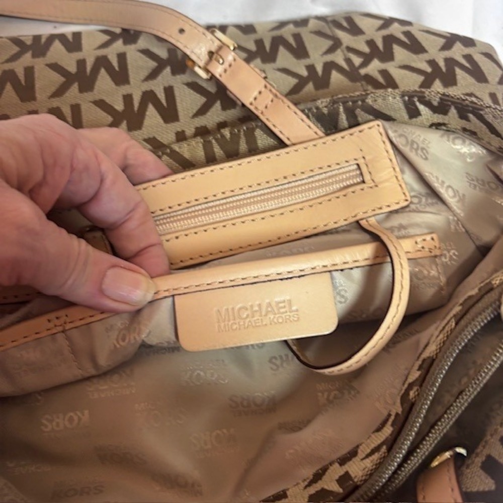 Michael Kors MK Logo Canvas Tote Bag Brown Tan Large Shoulder Bag - Picture 12 of 13
